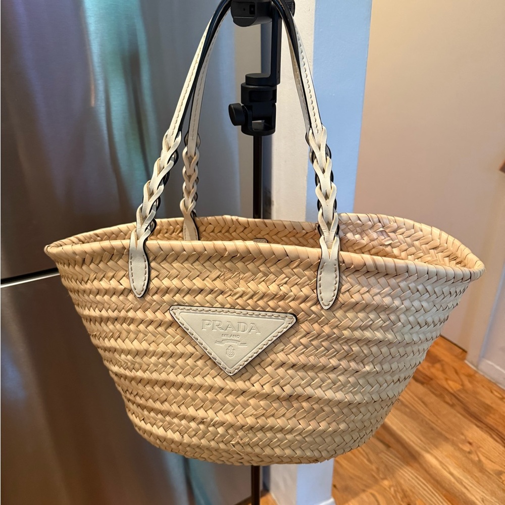 Prada Beige Woven Tote with White Accents